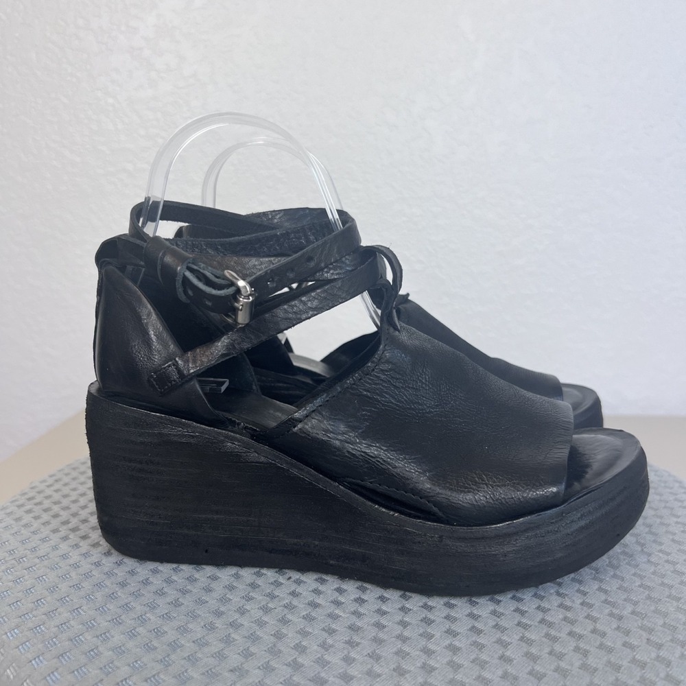 A.S.98 Nino Wedge Platform Sandals Womens 37 US 6.5-7 Black Leather Chunky Shoes